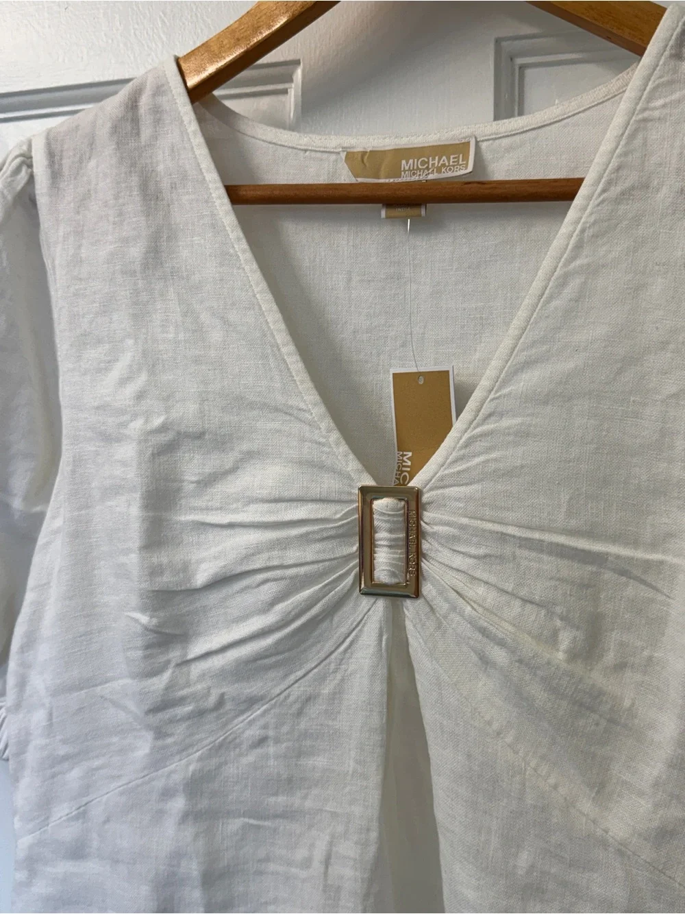 MICHAEL Michael Kors Linen Blend Buckle Puff Sleeve Blouse White S NWT